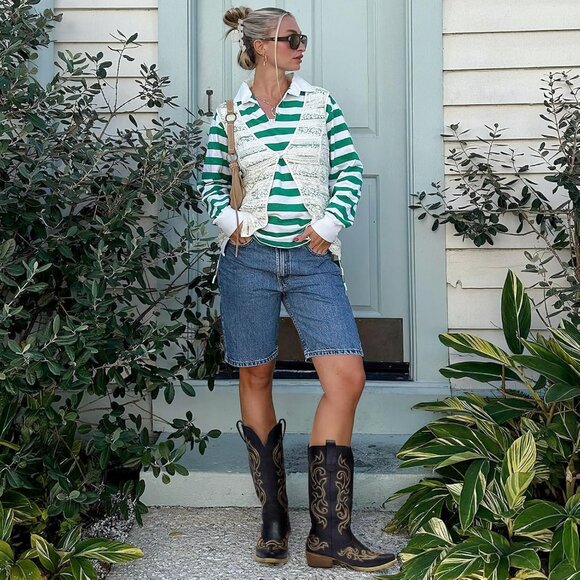 ⚡Women Metal Black Synthetic Leathers Cowgirl Chunky Heel Snip Toe Mid-Calf Boot - Picture 5 of 6